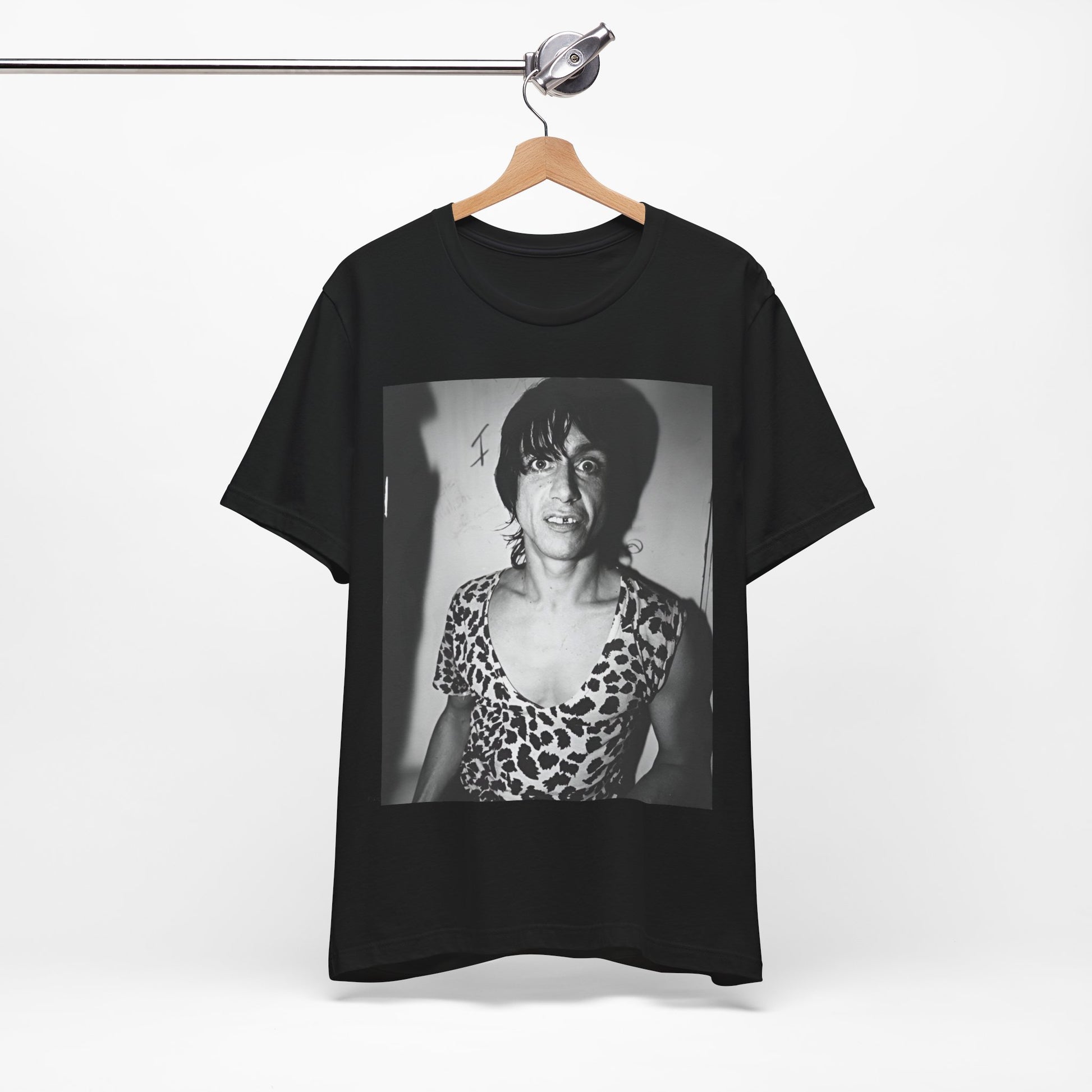 A black graphic t-shirt featuring a graphic of Iggy Pop and The Stooges in a punk style.