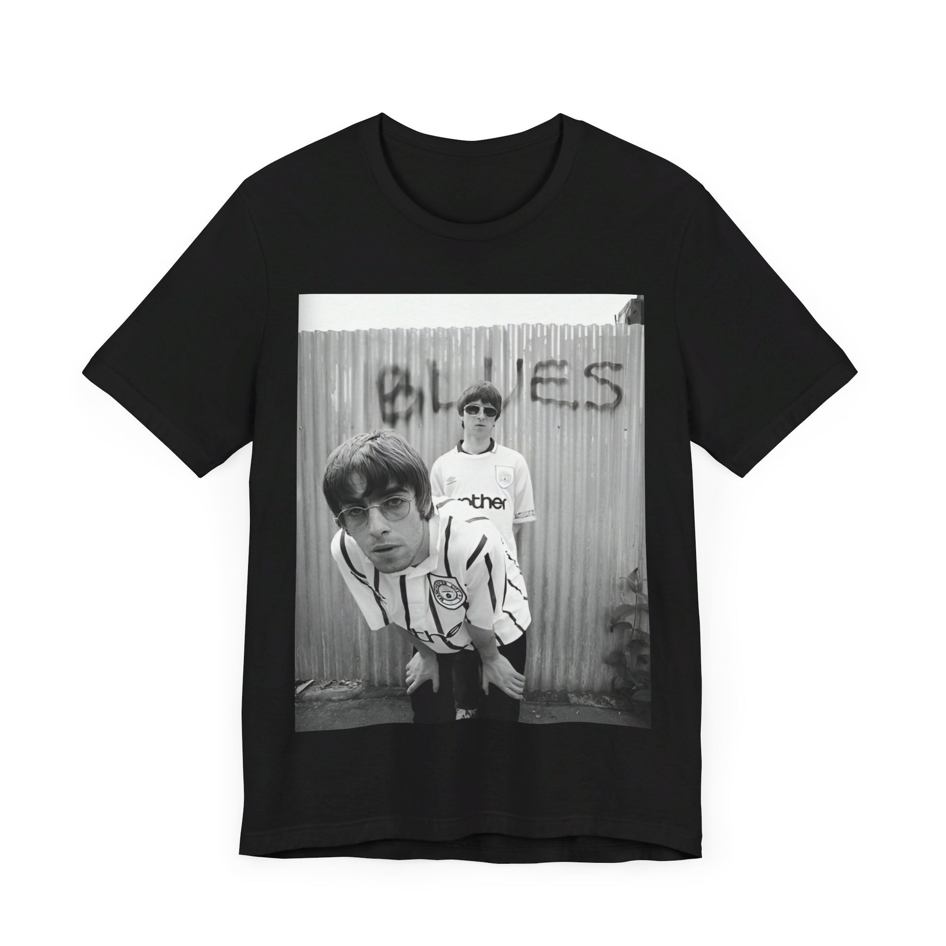 A black graphic t-shirt featuring a graphic of Liam and Noel Gallagher from Oasis, showing their support for Manchester City.