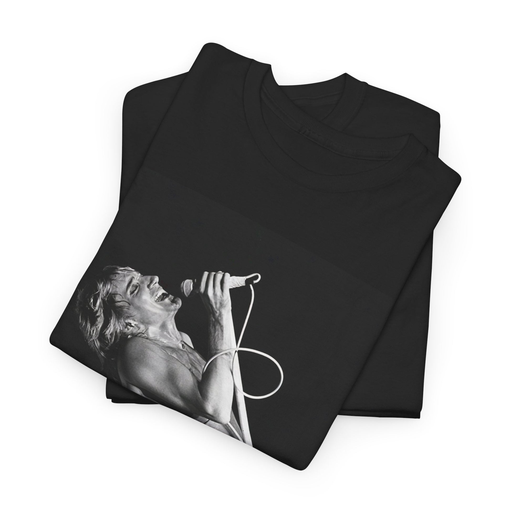 A black graphic t-shirt featuring a bold black and white graphic of Rod Stewart as a rock superstar.
