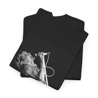 A black graphic t-shirt featuring a bold black and white graphic of Rod Stewart as a rock superstar.