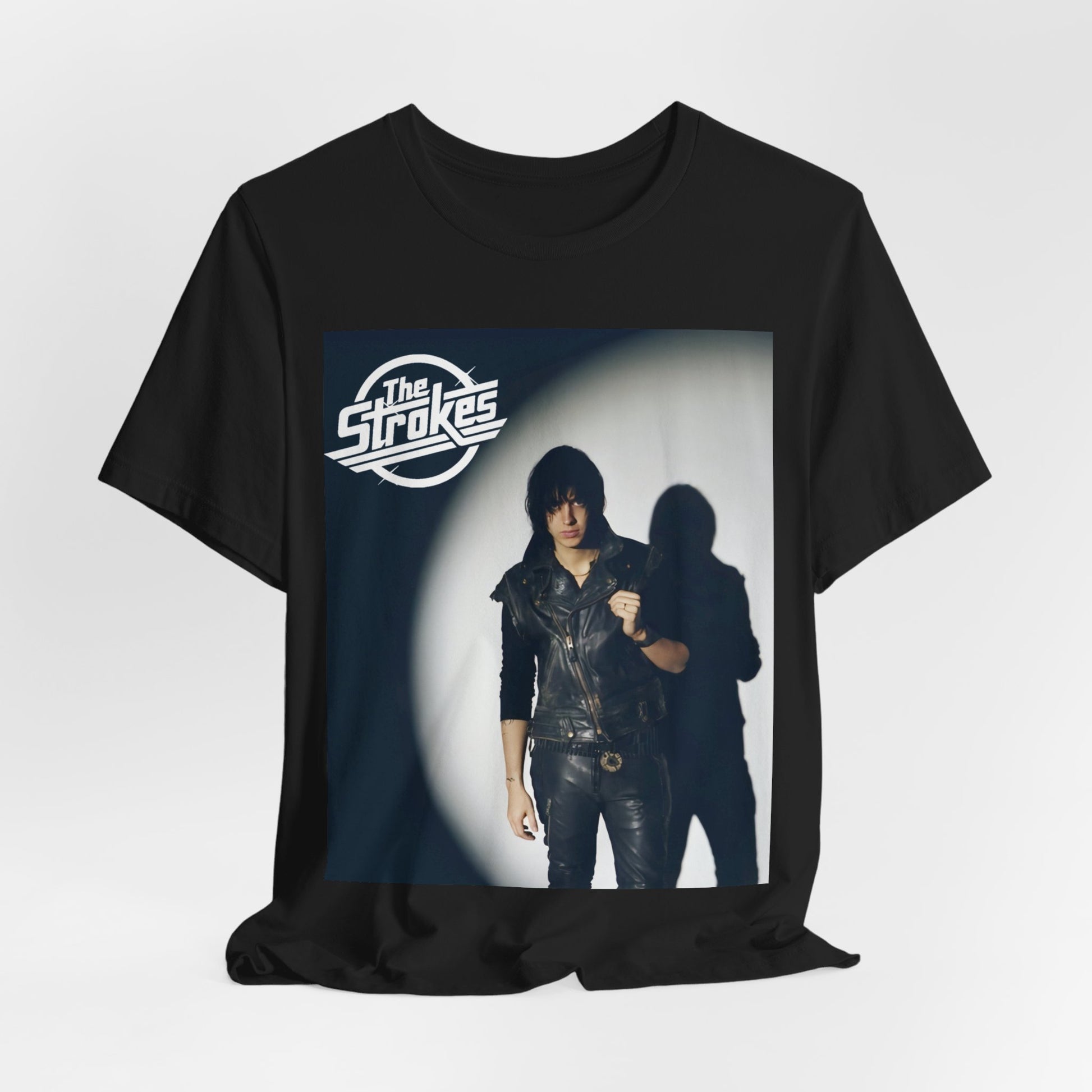 A black graphic t-shirt featuring a classic NYC garage rock graphic of The Strokes.