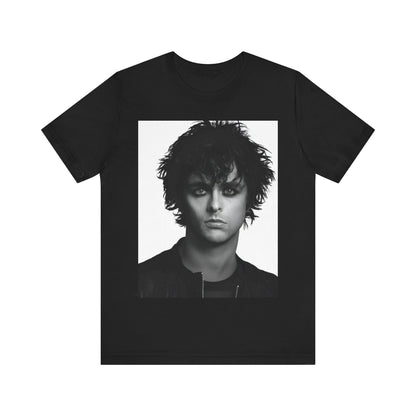 A black graphic t-shirt featuring a black and white portrait photo of Billie Joe Armstrong from Green Day.