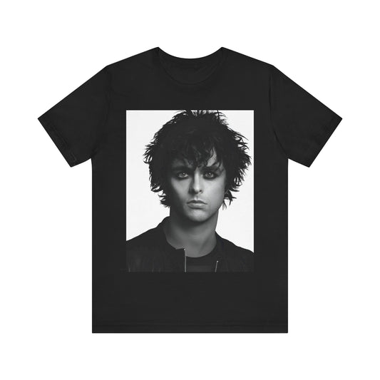 A black graphic t-shirt featuring a black and white portrait photo of Billie Joe Armstrong from Green Day.