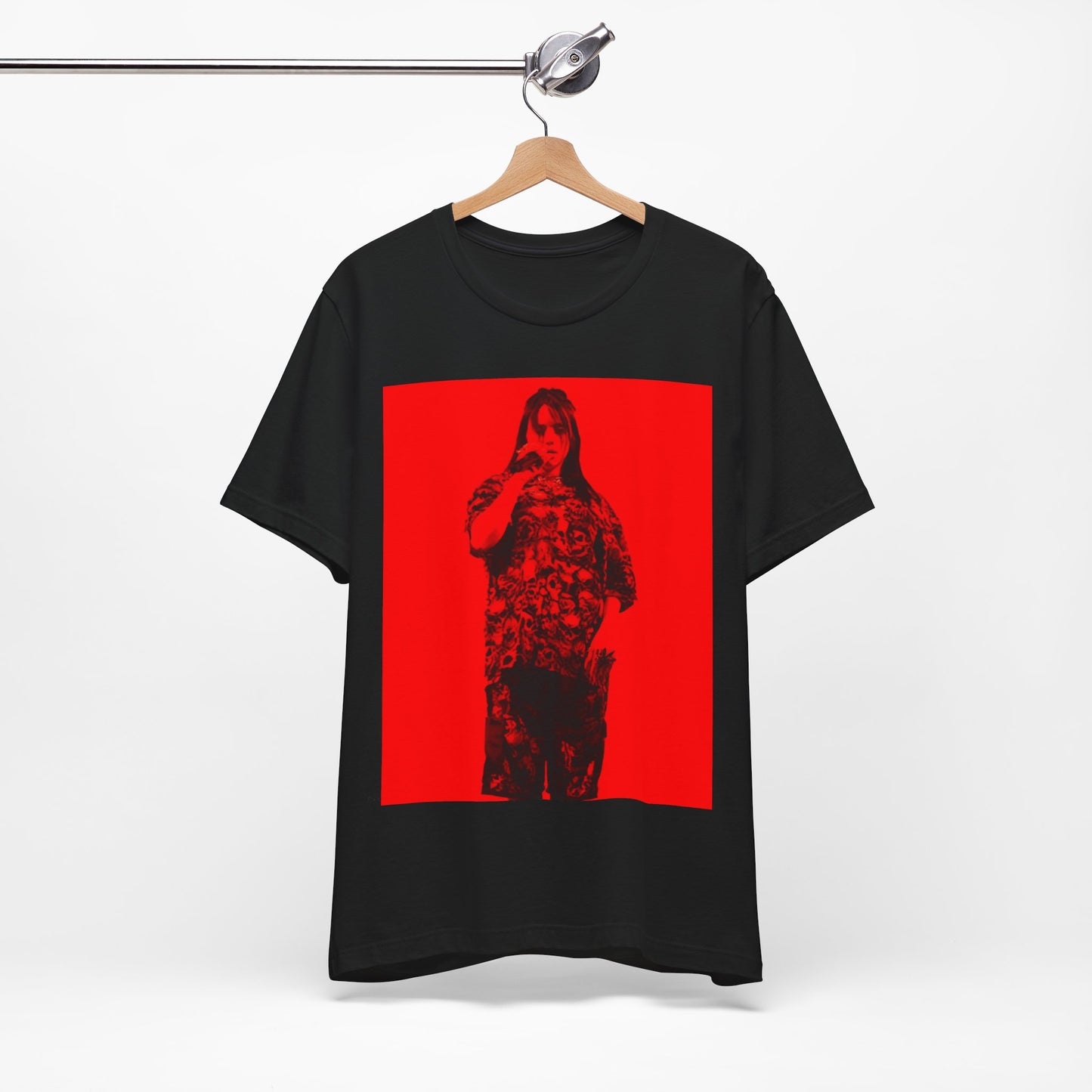 A portrait of Billie Eilish with platinum blonde hair from her 'Happier Than Ever' era, looking over her shoulder, printed on a graphic t-shirt.