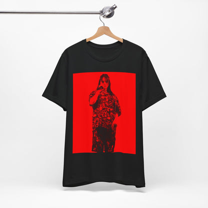 A portrait of Billie Eilish with platinum blonde hair from her 'Happier Than Ever' era, looking over her shoulder, printed on a graphic t-shirt.