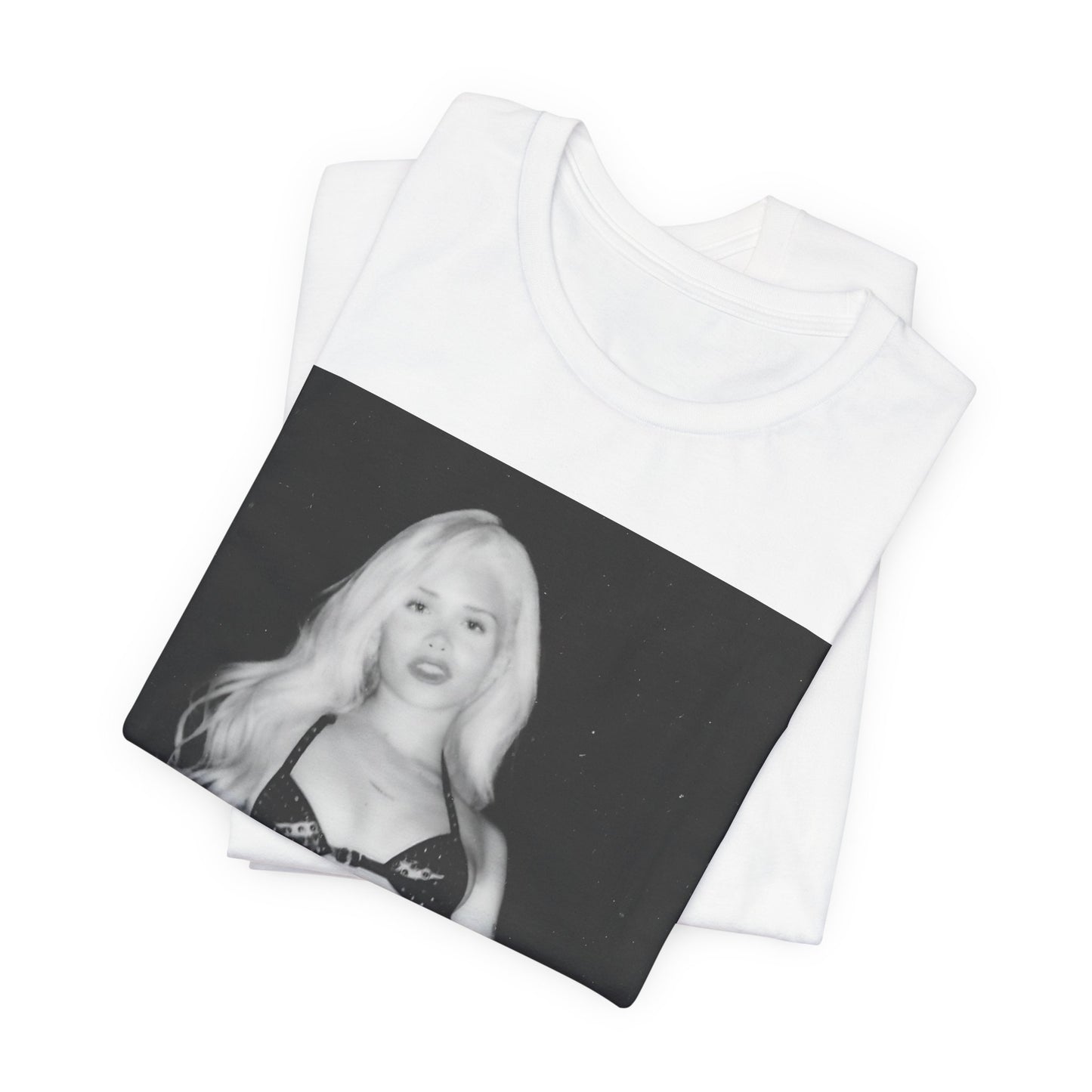 A black graphic t-shirt featuring a black and white portrait photo of Nessa Barrett.