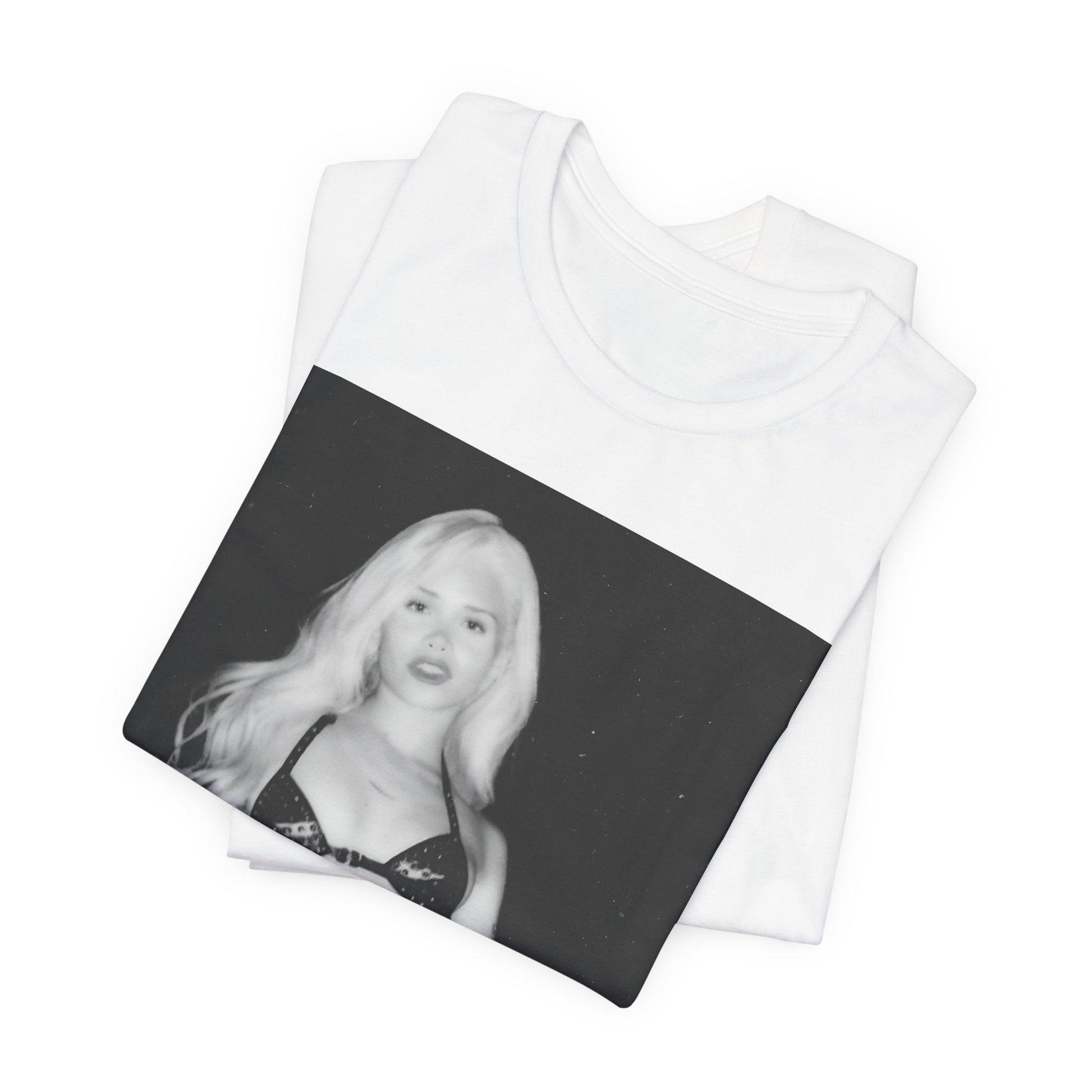 A black graphic t-shirt featuring a black and white portrait photo of Nessa Barrett.