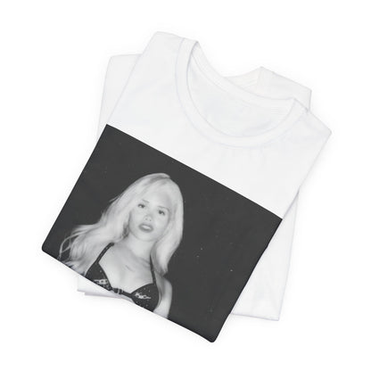 A black graphic t-shirt featuring a black and white portrait photo of Nessa Barrett.