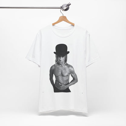 A black graphic t-shirt featuring a black and white photo of Iggy Pop wearing a hat.