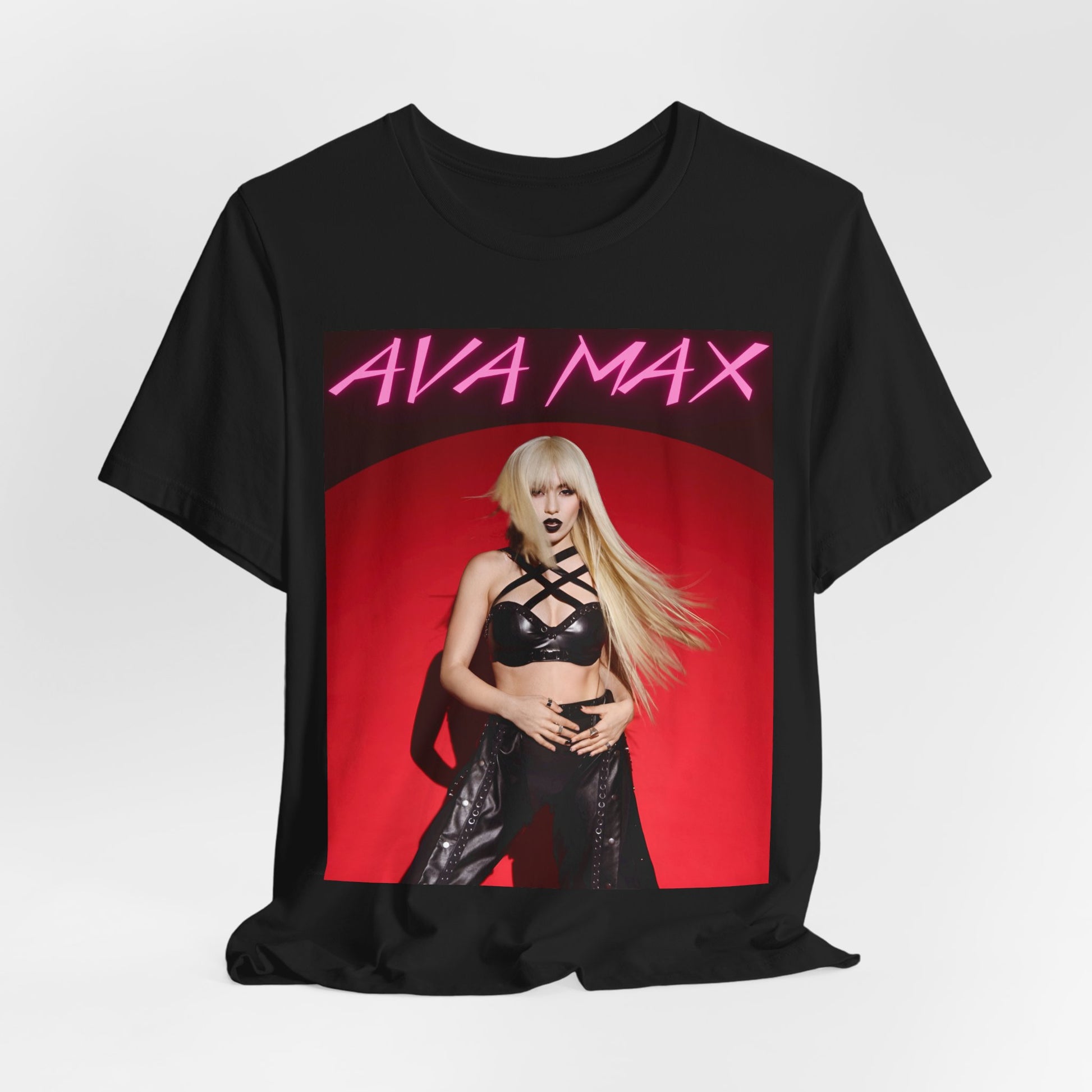 A black graphic t-shirt featuring a stylized graphic of Ava Max, emphasizing her status as a pop icon.