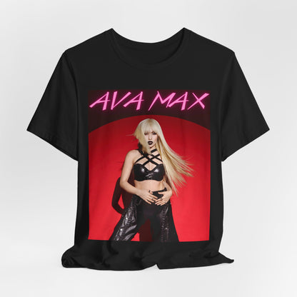 A black graphic t-shirt featuring a stylized graphic of Ava Max, emphasizing her status as a pop icon.
