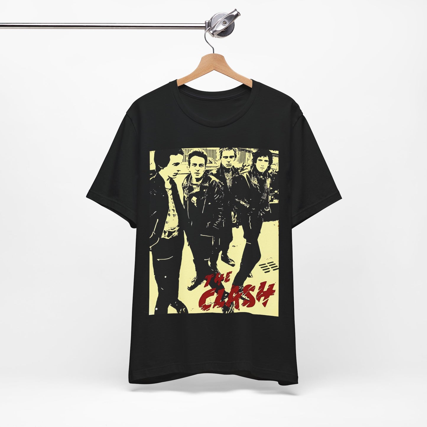 A black graphic t-shirt featuring an anti-establishment rock band graphic of The Clash.