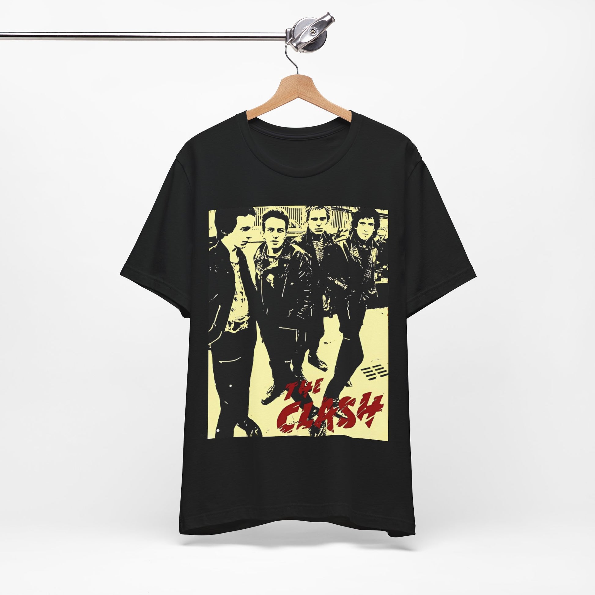 A black graphic t-shirt featuring an anti-establishment rock band graphic of The Clash.