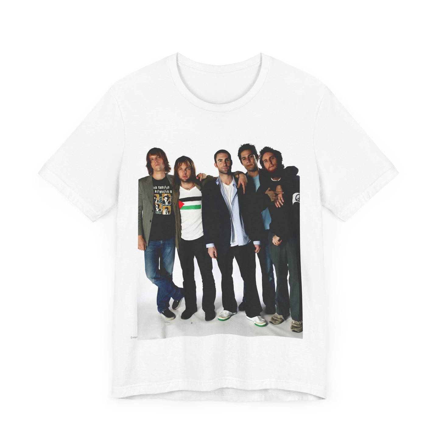 A scrapbook-style collage of various photos of the band Maroon 5 from a classic era, printed on a graphic t-shirt