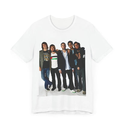 A scrapbook-style collage of various photos of the band Maroon 5 from a classic era, printed on a graphic t-shirt