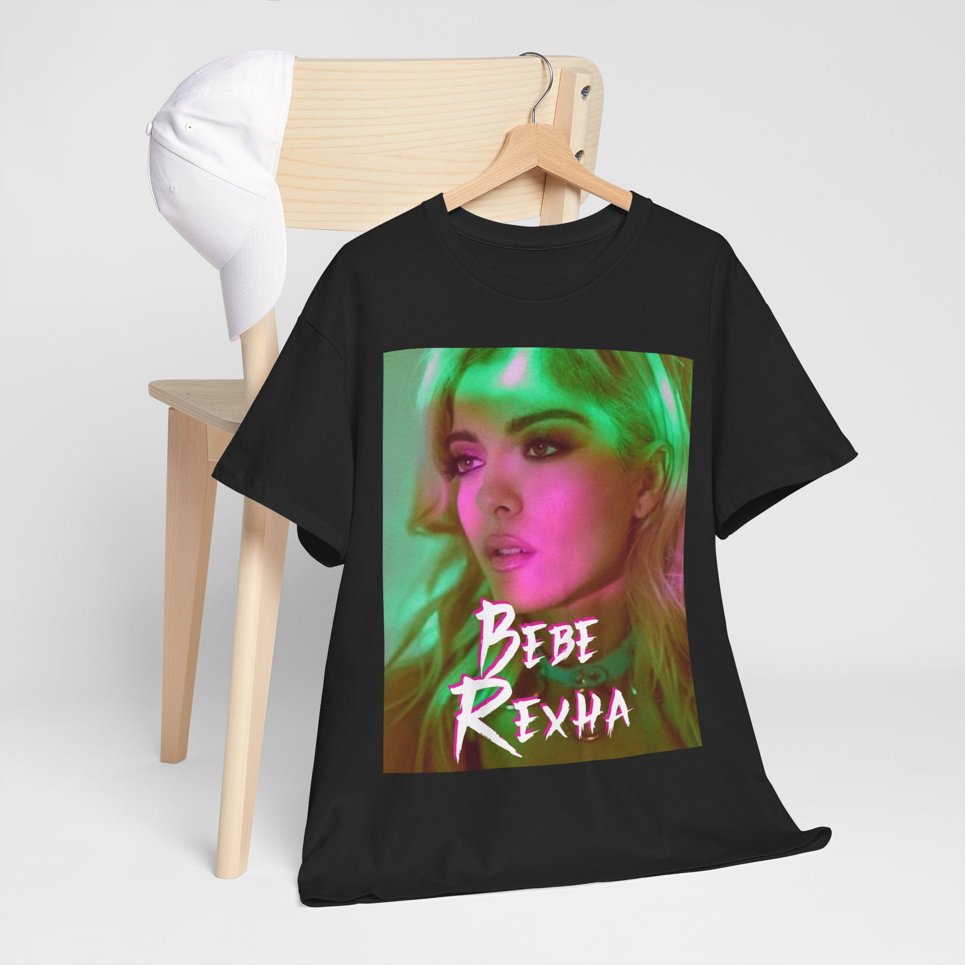 A black graphic t-shirt featuring a photo of Bebe Rexha, with neon lighting or elements, giving a chill vibe.