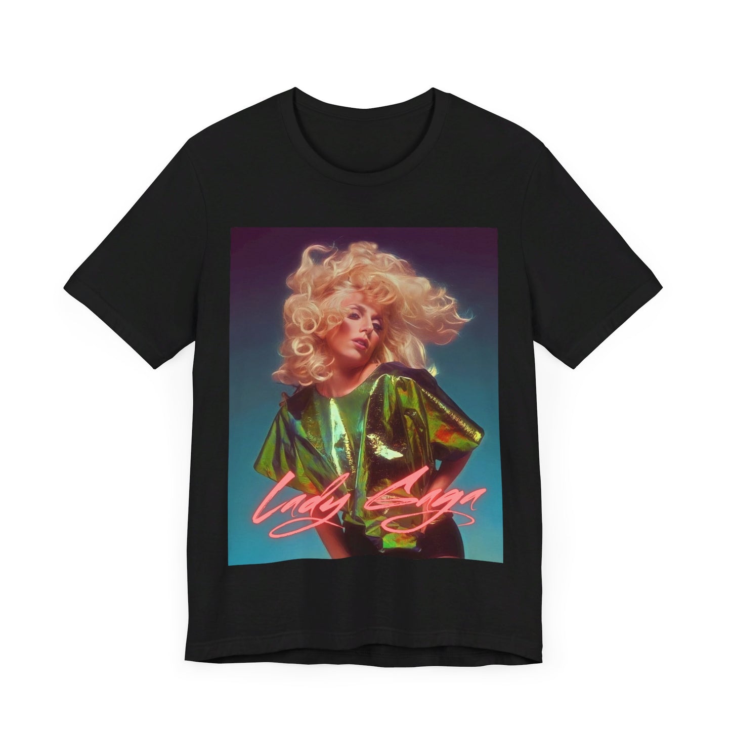 A black graphic t-shirt featuring a retro photo of Lady Gaga with neon lighting or effects.