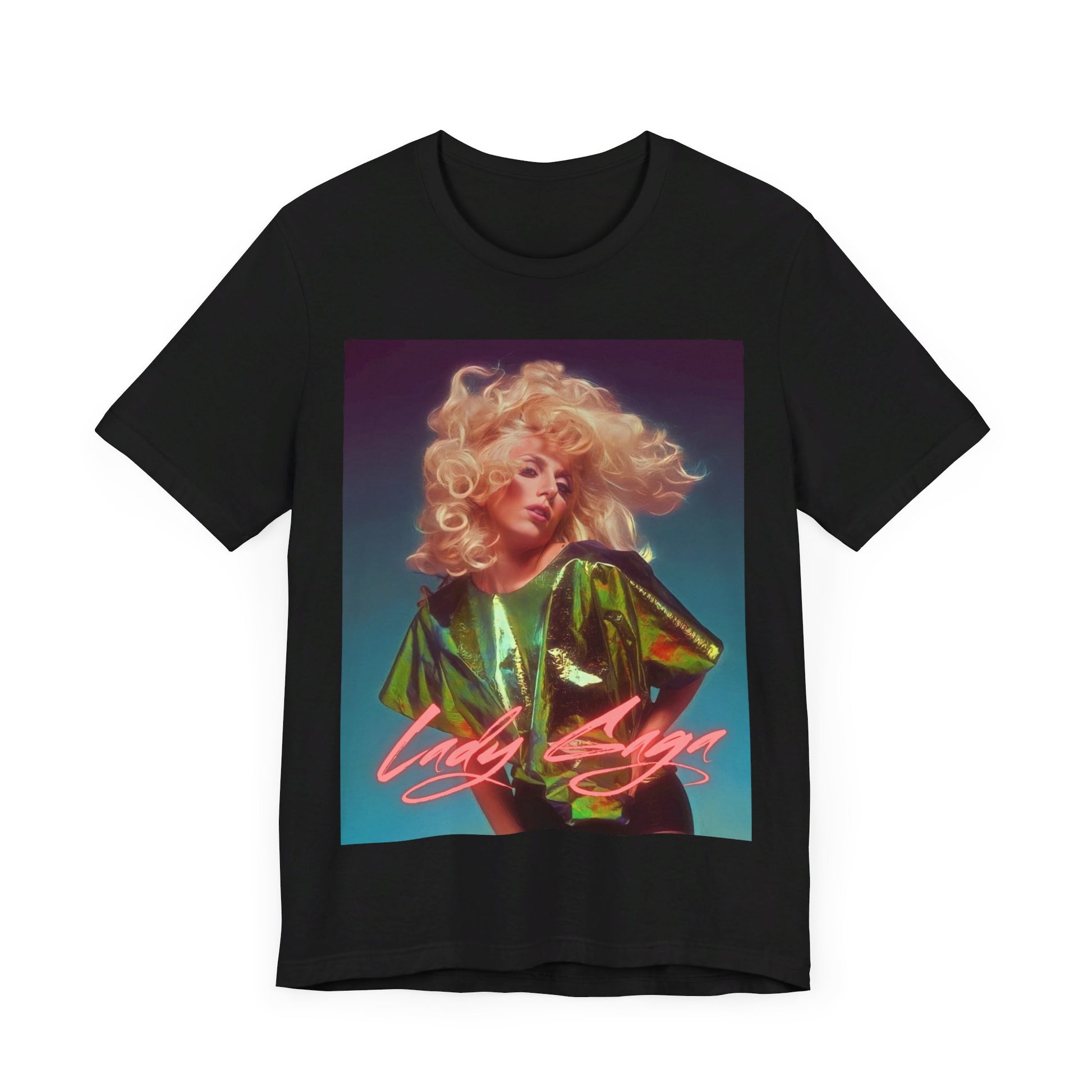 A black graphic t-shirt featuring a retro photo of Lady Gaga with neon lighting or effects.