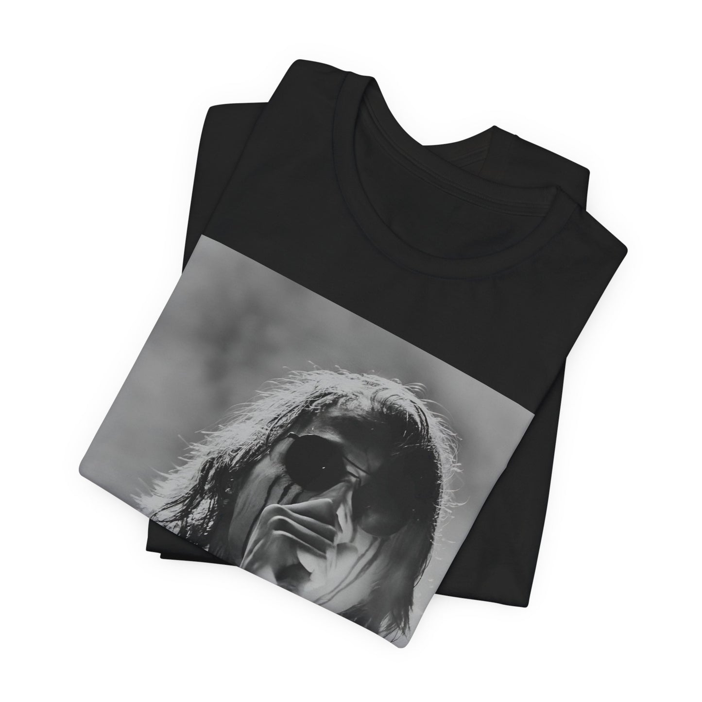 A black graphic t-shirt featuring a black and white, monochrome graphic or photo of My Chemical Romance.