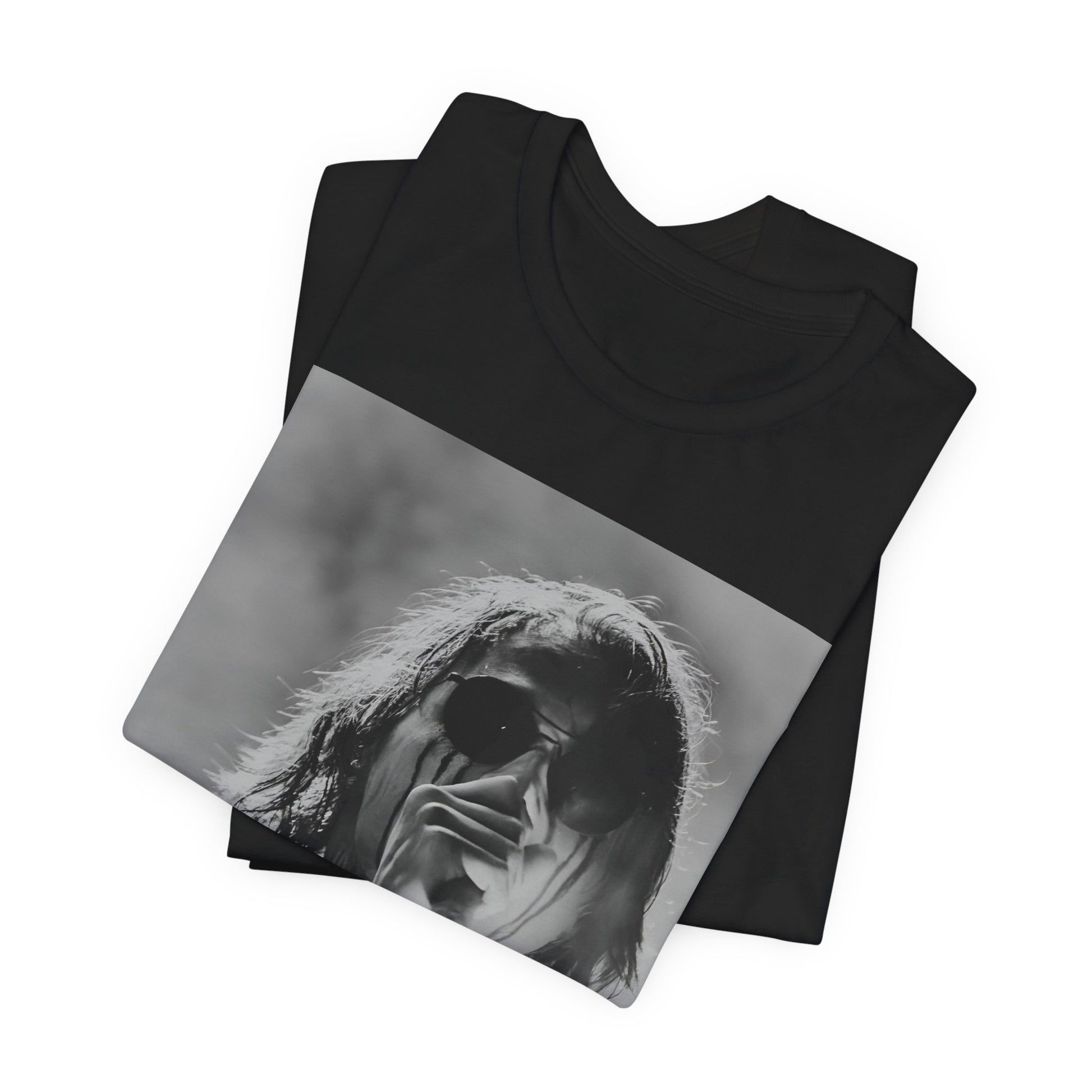A black graphic t-shirt featuring a black and white, monochrome graphic or photo of My Chemical Romance.