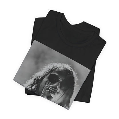 A black graphic t-shirt featuring a black and white, monochrome graphic or photo of My Chemical Romance.