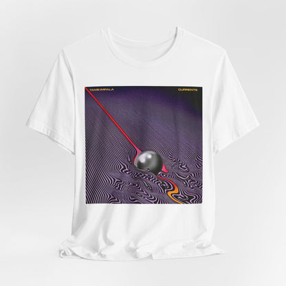 A black graphic t-shirt featuring a graphic related to Tame Impala's 'Currents' album.