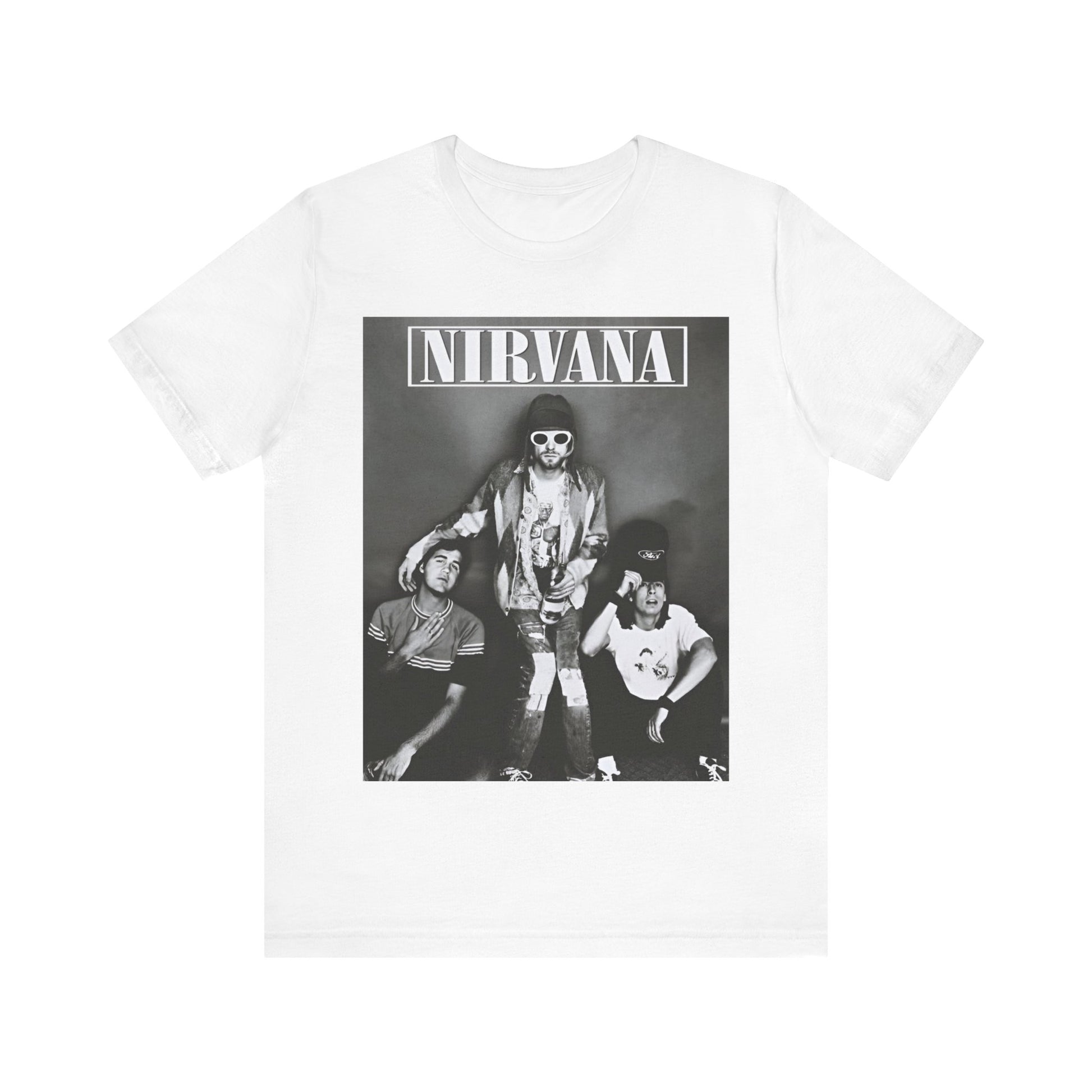 A black graphic t-shirt featuring a 90s rock rebels graphic of Nirvana.