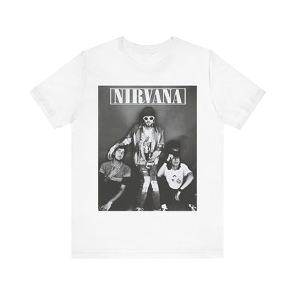A black graphic t-shirt featuring a 90s rock rebels graphic of Nirvana.