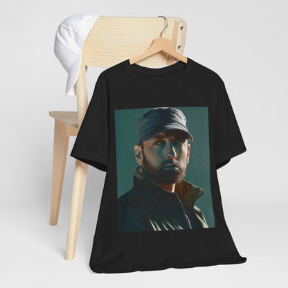 A black graphic t-shirt featuring a graphic of Eminem as a rap genius.