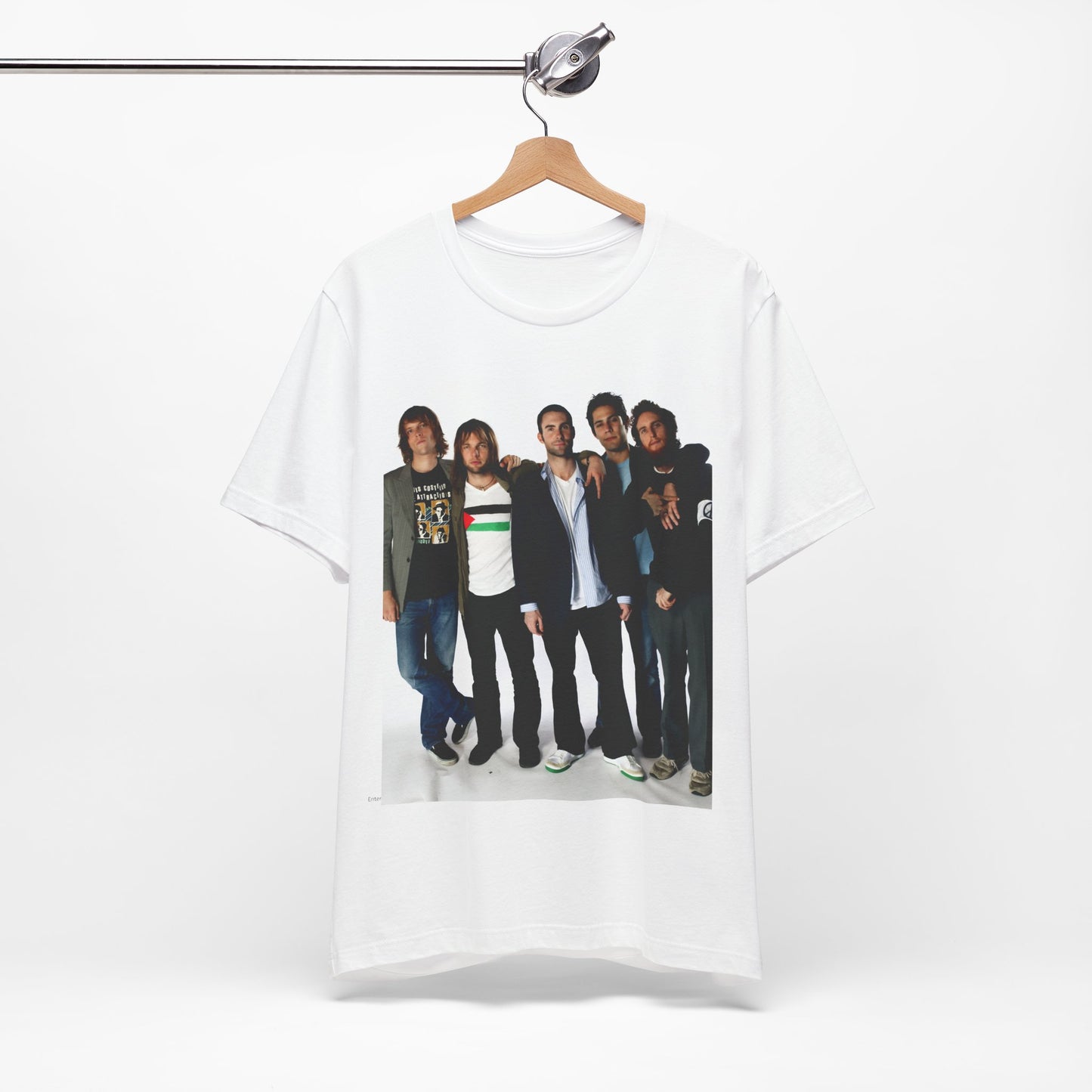 A scrapbook-style collage of various photos of the band Maroon 5 from a classic era, printed on a graphic t-shirt