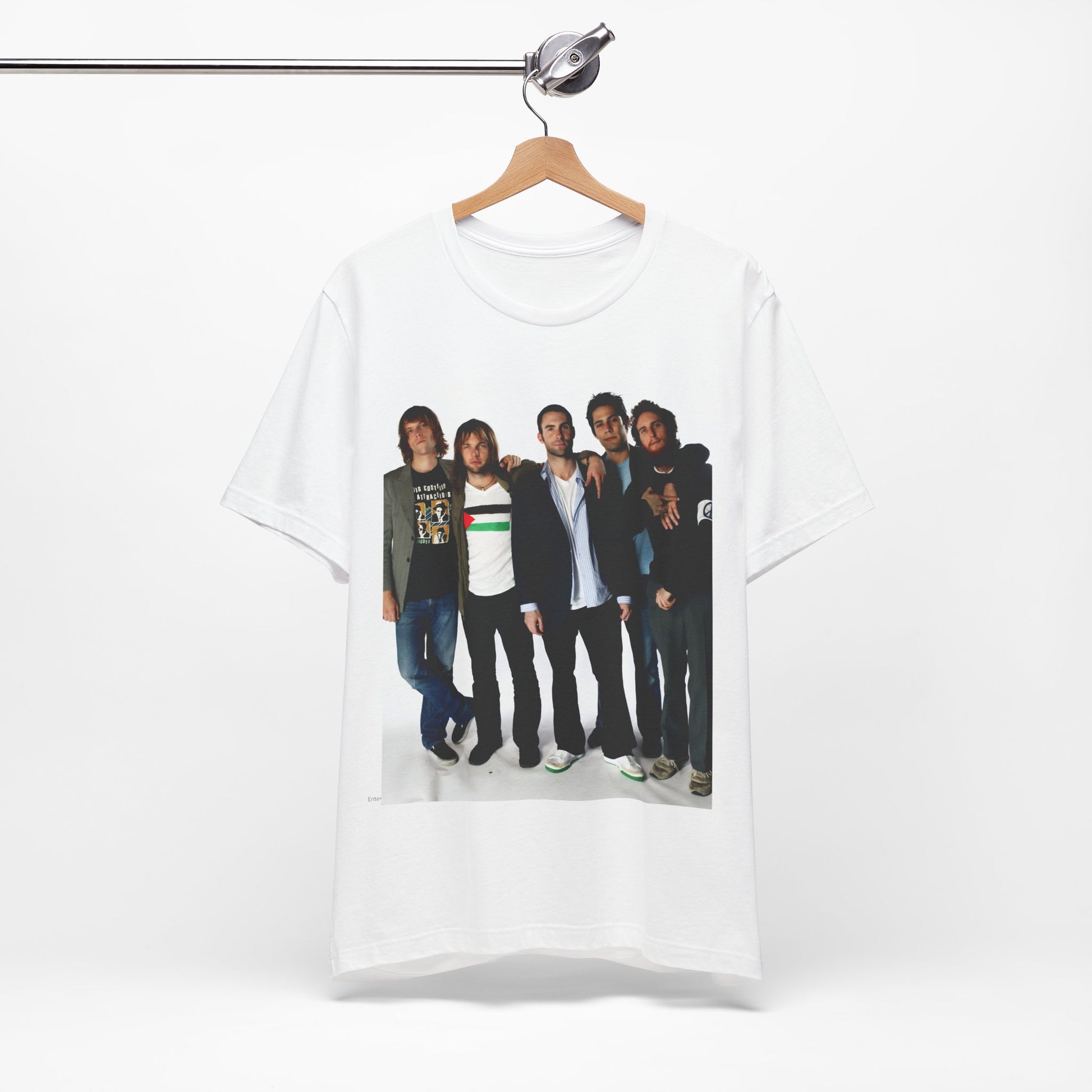 A scrapbook-style collage of various photos of the band Maroon 5 from a classic era, printed on a graphic t-shirt