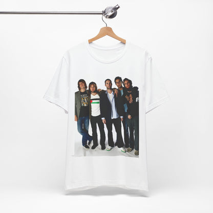 A scrapbook-style collage of various photos of the band Maroon 5 from a classic era, printed on a graphic t-shirt
