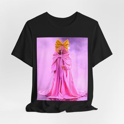 A black graphic t-shirt featuring a graphic related to Sia's 'Chandelier' song or live era.