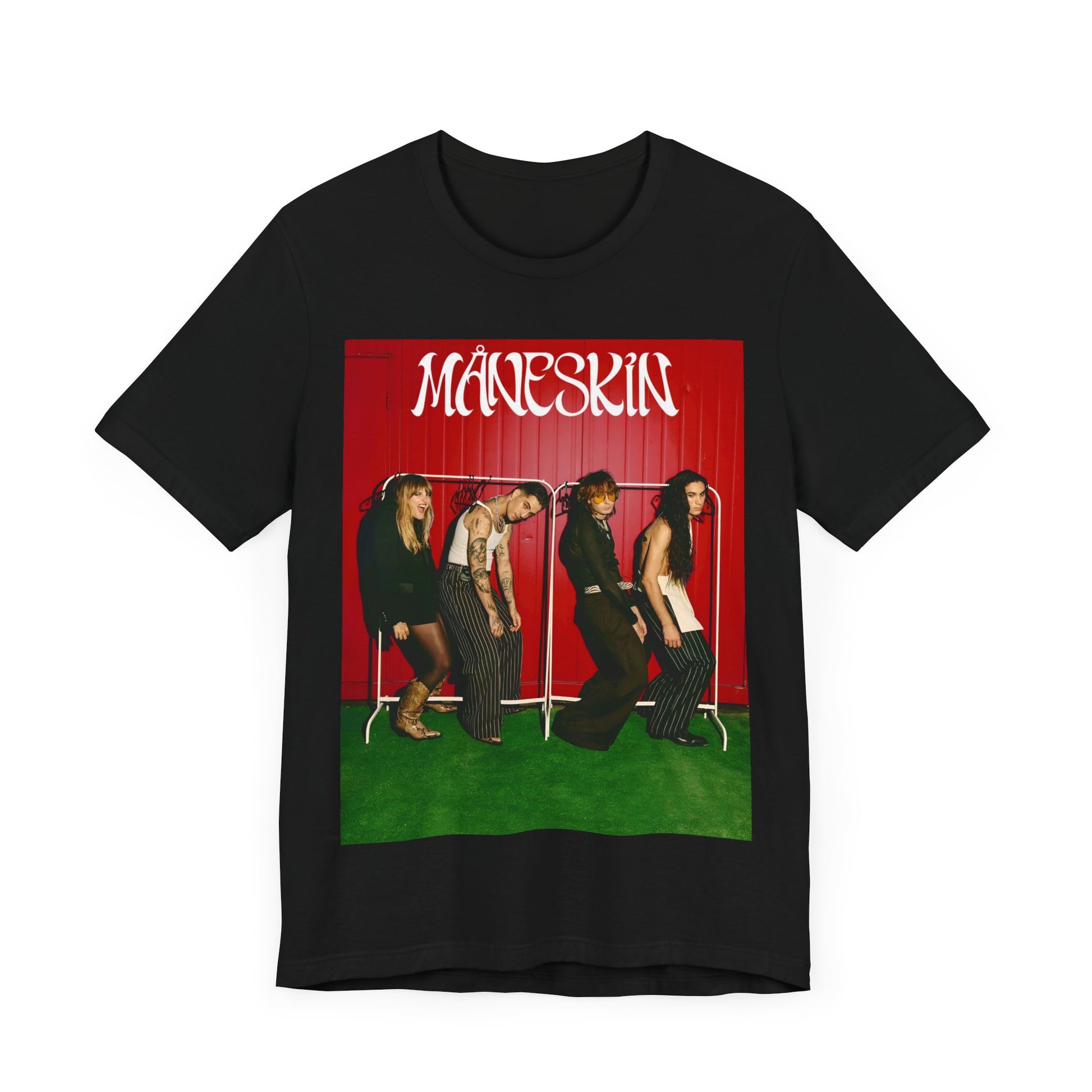 A black graphic t-shirt featuring a graphic related to Maneskin's 'RUSH' album era.