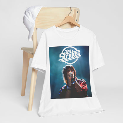 A black graphic t-shirt featuring a portrait or graphic of Julian Casablancas from The Strokes.