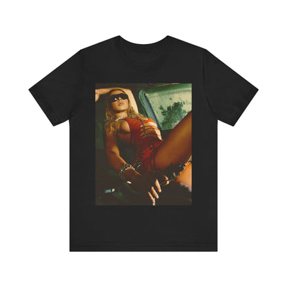 A black graphic t-shirt featuring a graphic of Tinashe as a hot R&B superstar.