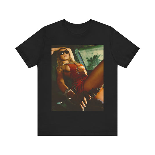 A black graphic t-shirt featuring a graphic of Tinashe as a hot R&B superstar.
