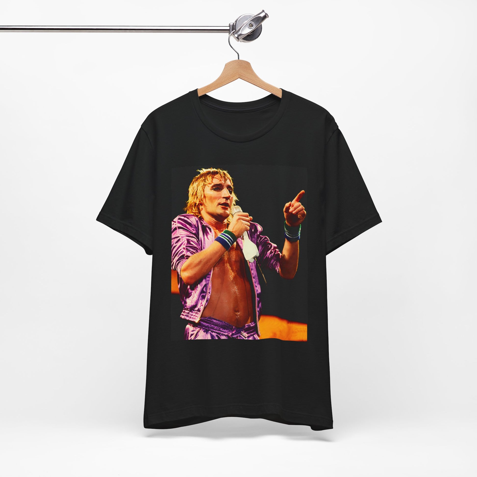 A black graphic t-shirt featuring a graphic of Rod Stewart with a chill 70s rock aesthetic.