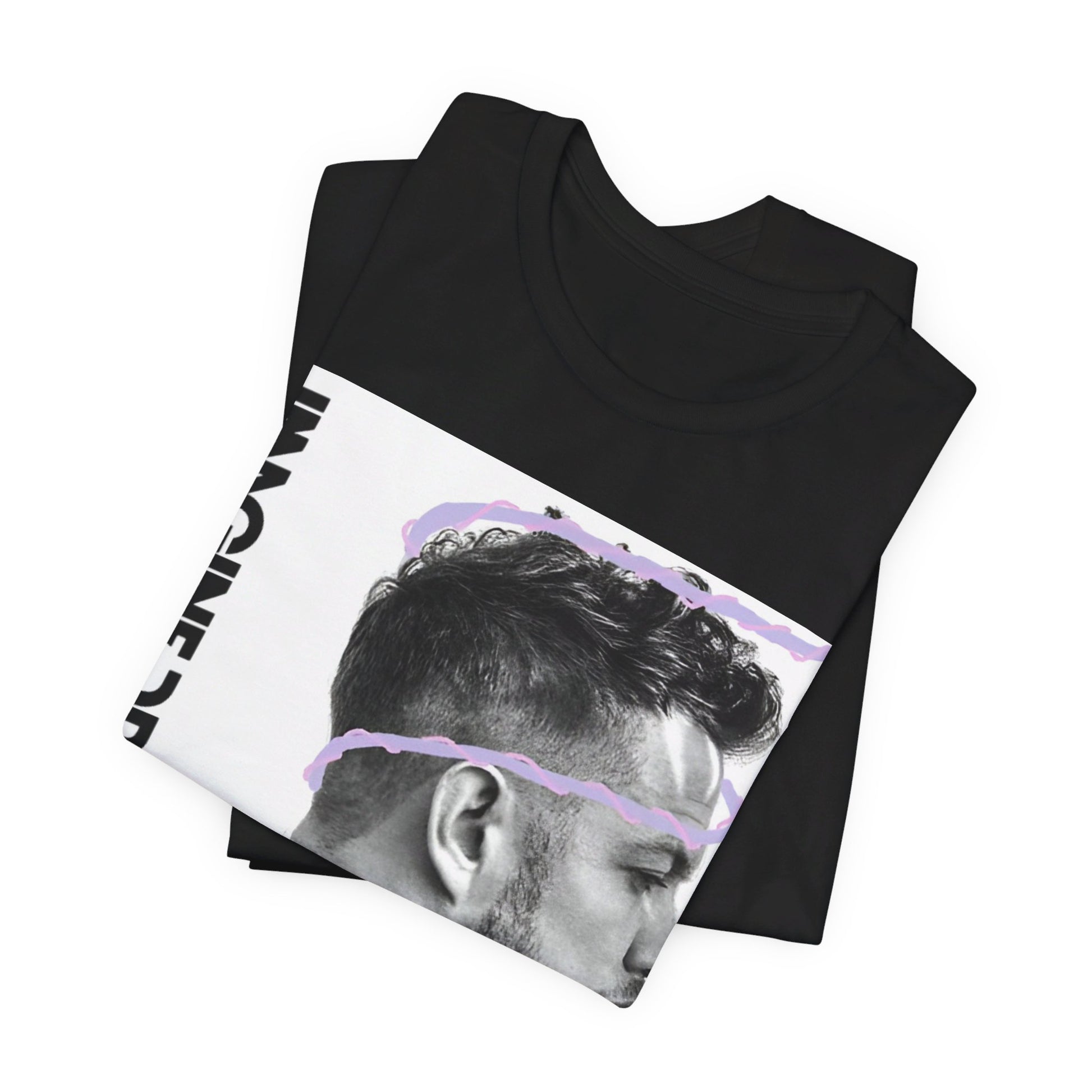 A black graphic t-shirt featuring a graphic of Imagine Dragons designed with a modern alt rock spirit.