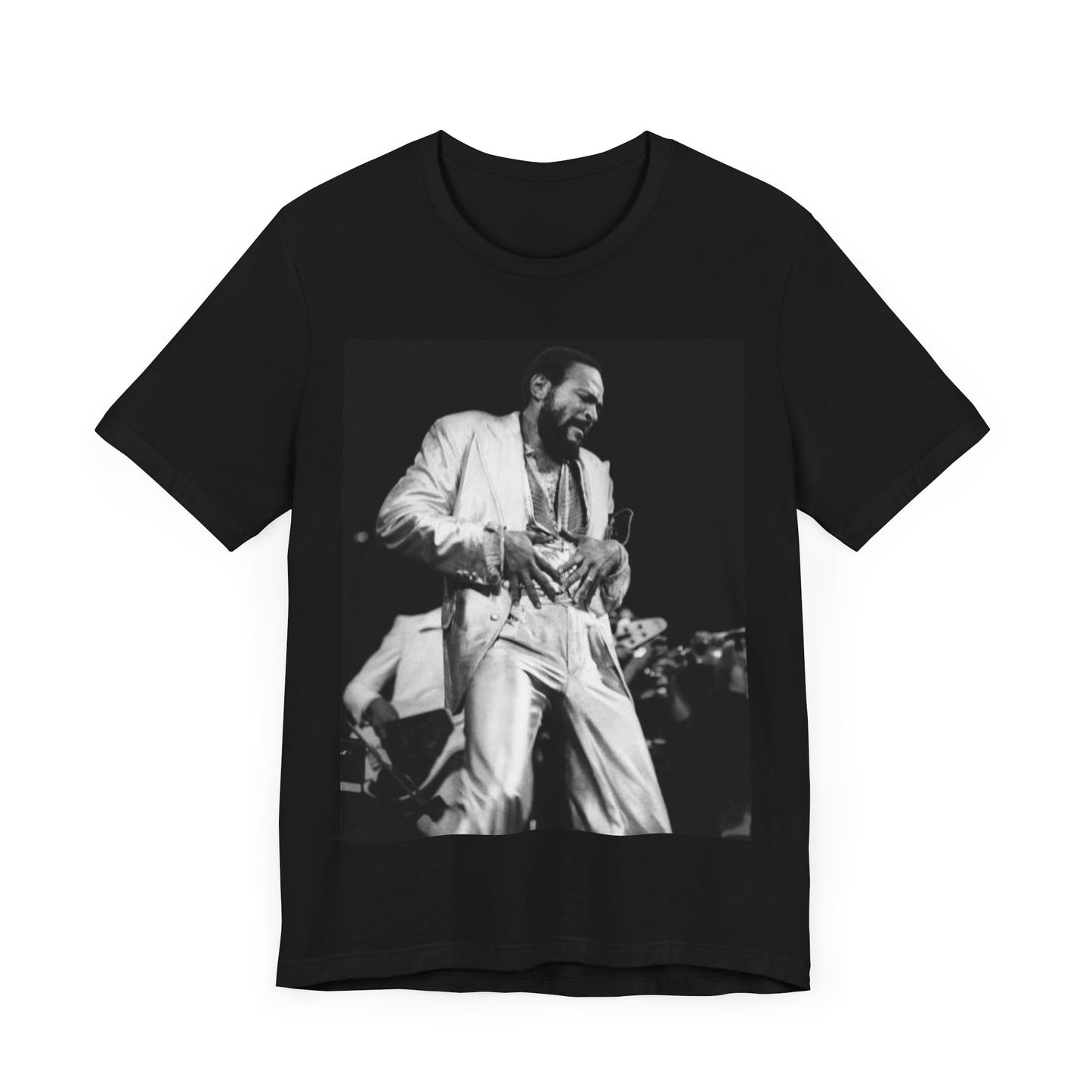 A black graphic t-shirt featuring a 70s Motown concert graphic of Marvin Gaye.