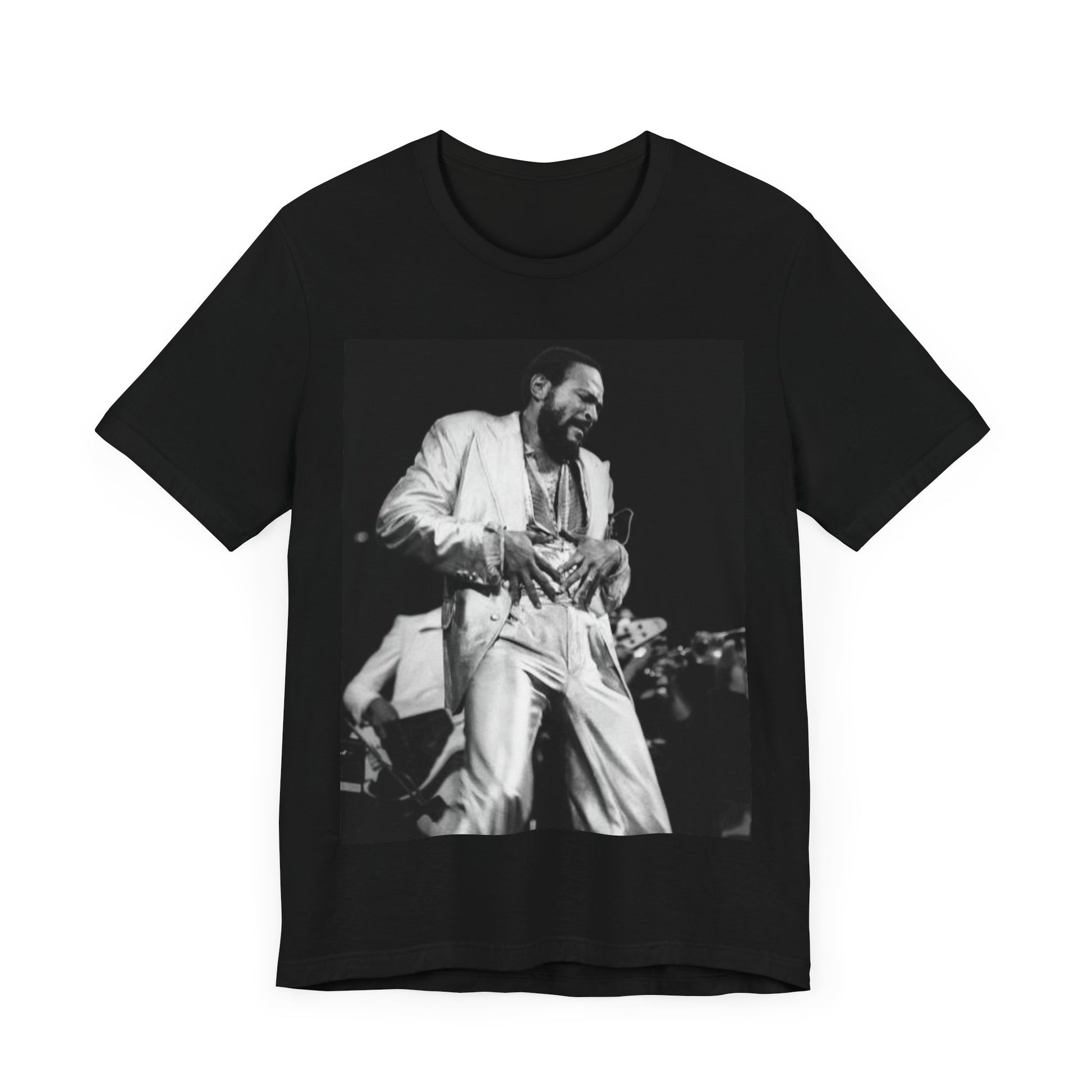 A black graphic t-shirt featuring a 70s Motown concert graphic of Marvin Gaye.