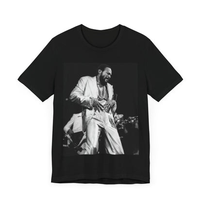A black graphic t-shirt featuring a 70s Motown concert graphic of Marvin Gaye.
