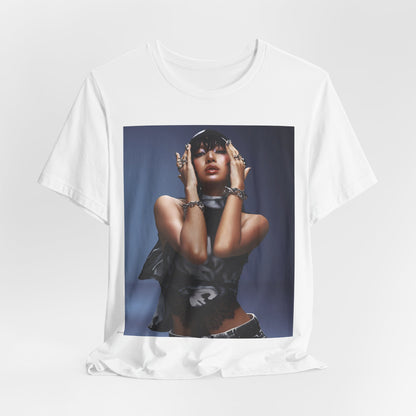 A black graphic t-shirt featuring a bold visual graphic of Lisa from K-Pop.