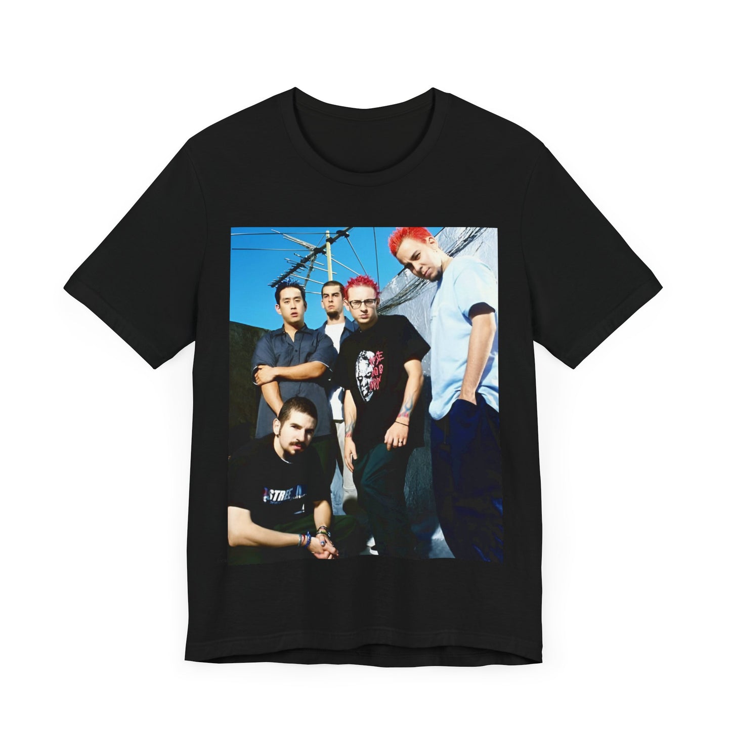 A black graphic t-shirt featuring a graphic of Linkin Park as a global nu rock phenomenon.