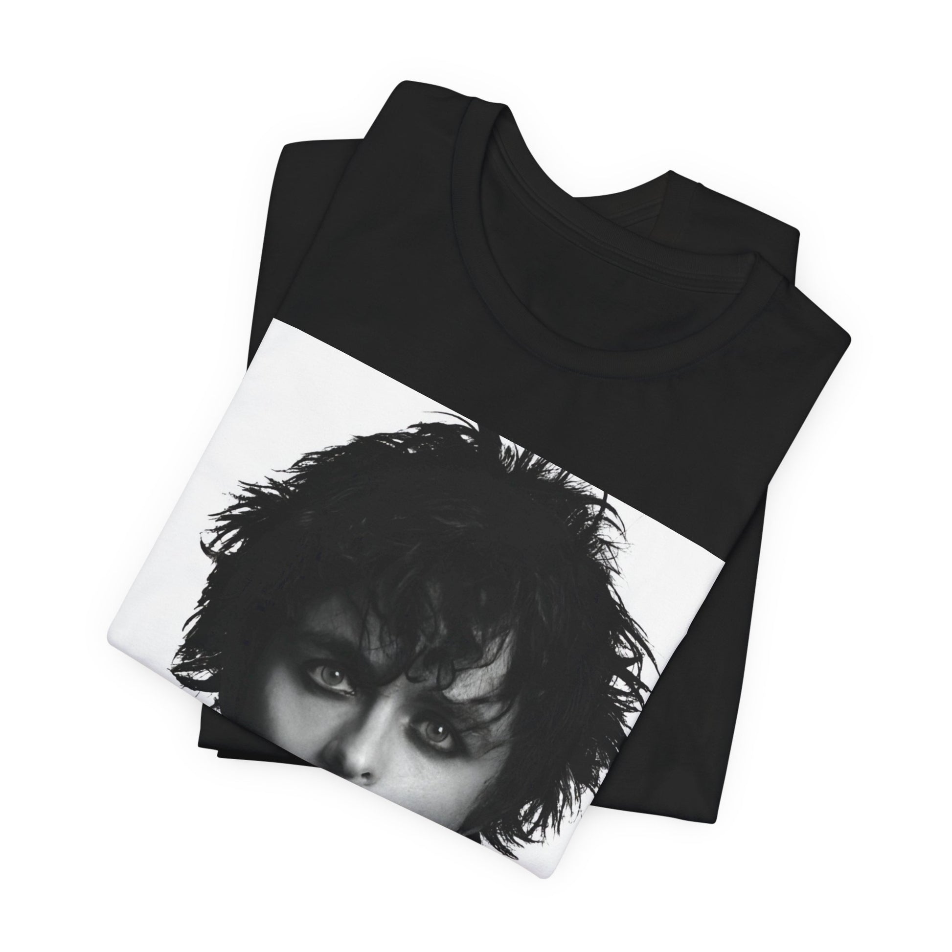 A black graphic t-shirt featuring a black and white portrait photo of Billie Joe Armstrong from Green Day.