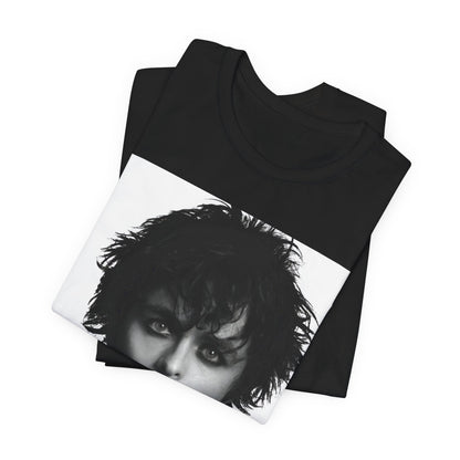 A black graphic t-shirt featuring a black and white portrait photo of Billie Joe Armstrong from Green Day.