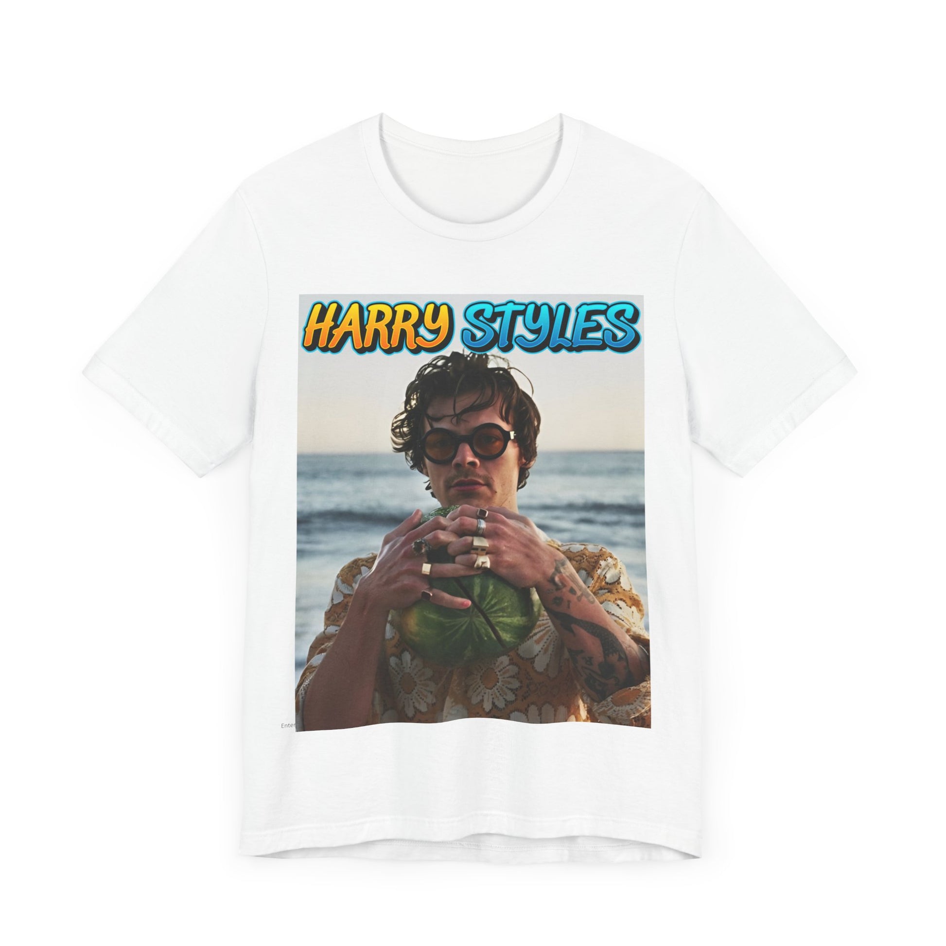 A black graphic t-shirt featuring a graphic related to Harry Styles' 'Watermelon Sugar' song or its viral impact.