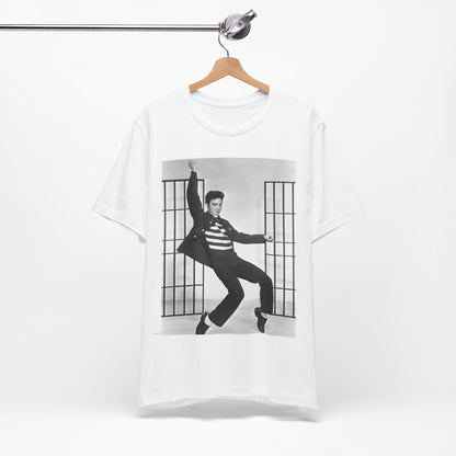 A black graphic t-shirt featuring a graphic related to Elvis Presley's 'Jailhouse Rock' song.