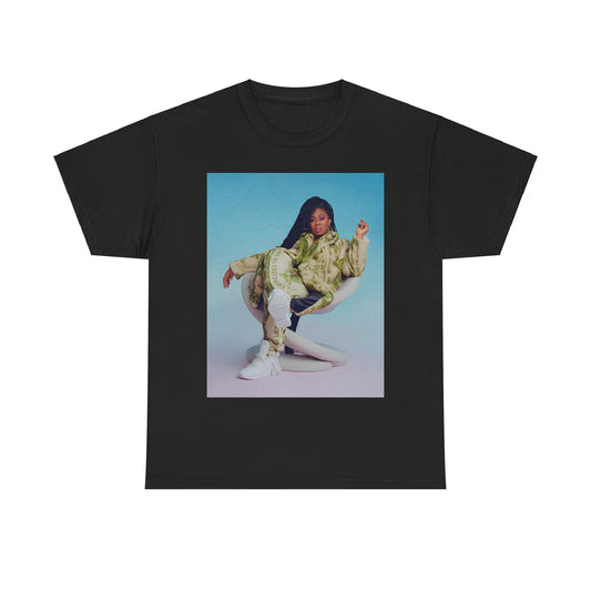 A black graphic t-shirt featuring a vintage graphic related to Missy Elliott's 'Work It' song or era.