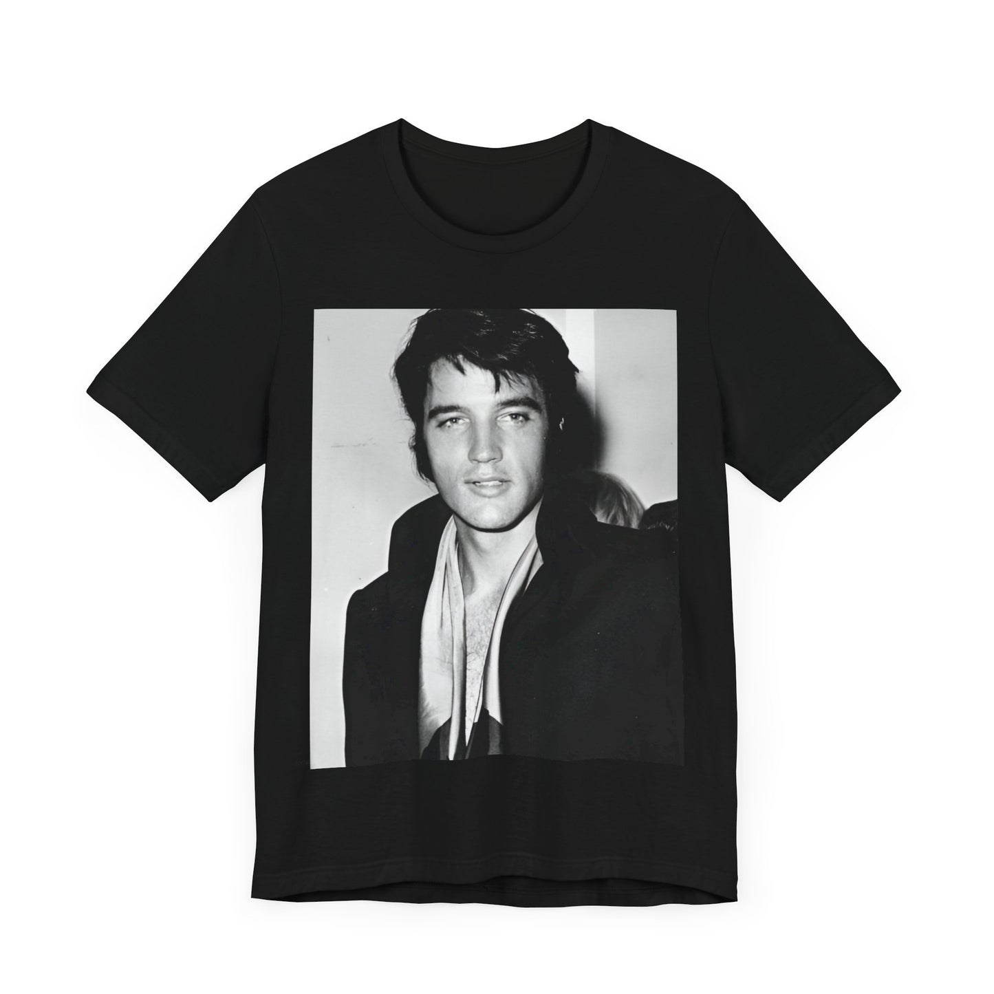 A black graphic t-shirt featuring a black and white rock and roll portrait photo of Elvis Presley.